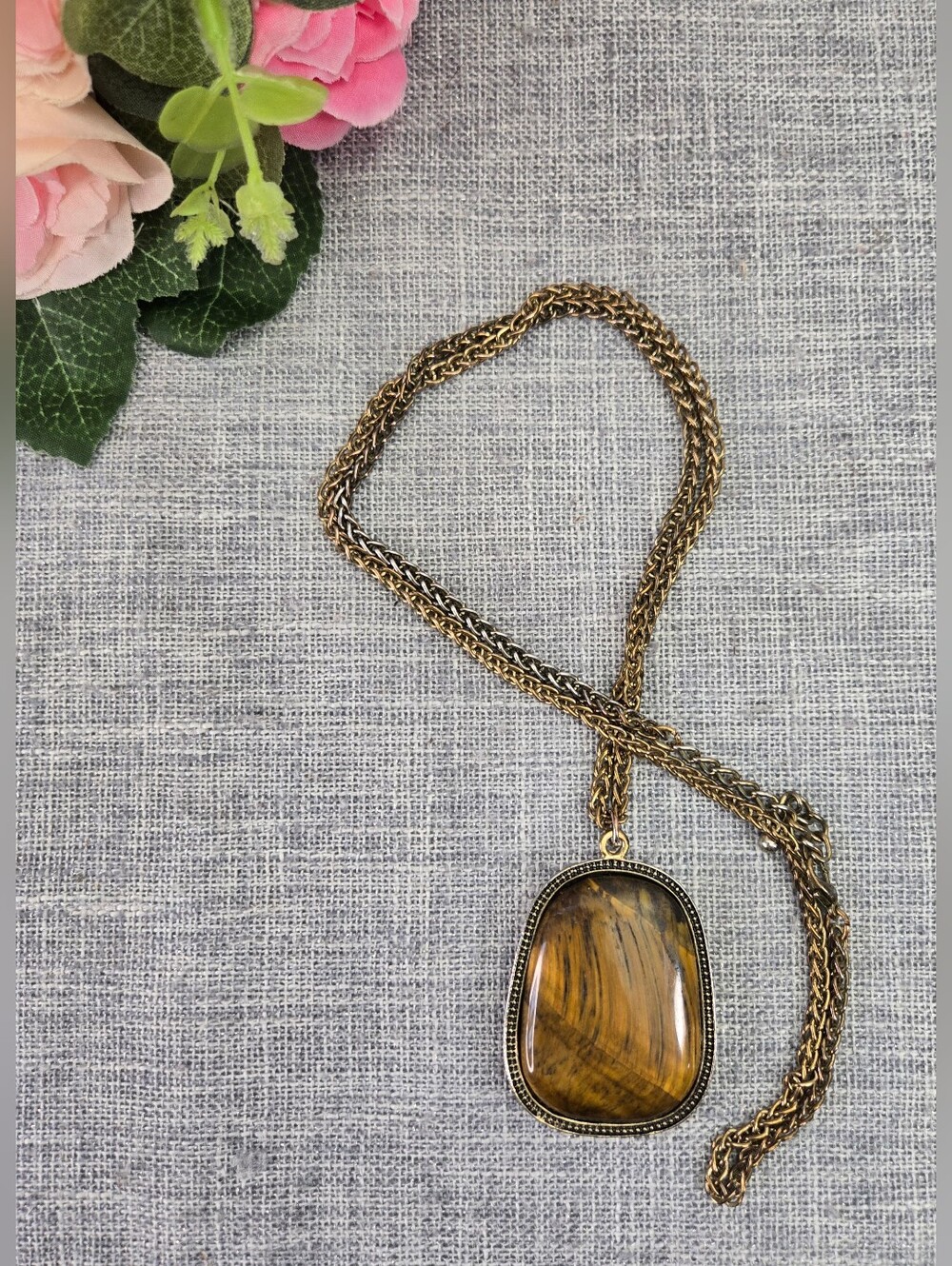Vintage Large Tiger’s Eye Pendant Necklace Bronze Chain Statement Boho Retro